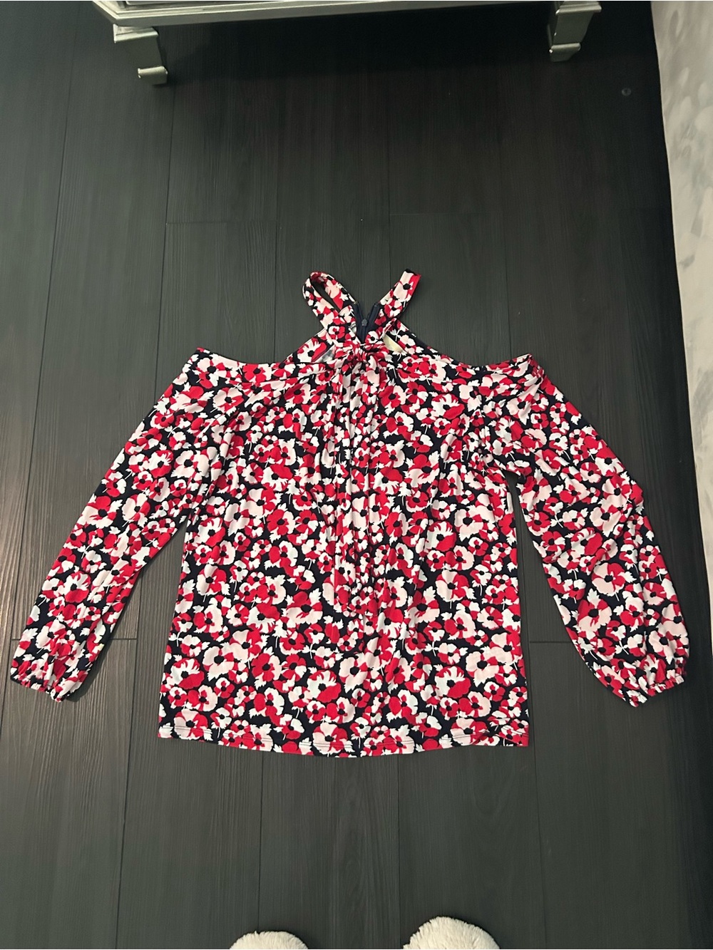 Michael Kors Red, White & Black Cold-Shoulder Floral Blouse